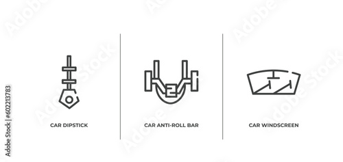 car parts outline icons set. thin line icons sheet included car dipstick, car anti-roll bar, windscreen vector.