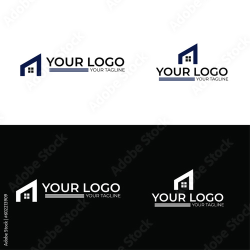 Real estate logo, home, real estate, building, property. Minimal awesome trendy professional logo design template on black,