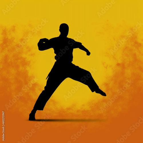 Silhouette of a man showing martial arts, kung fu exercise, Created using generative AI tools.