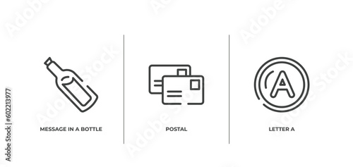 email outline icons set. thin line icons sheet included message in a bottle, postal, letter a vector.