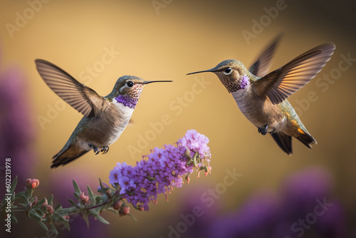 Fotografiet Couple of hummingbirds flying around pink flower, blurred flowered green backgro