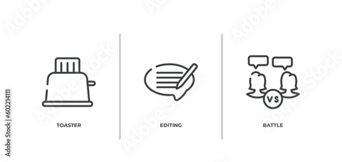discussion outline icons set. thin line icons sheet included toaster, editing, battle vector.
