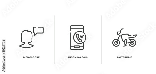 internet of things outline icons set. thin line icons sheet included monologue, incoming call, motorbike vector.