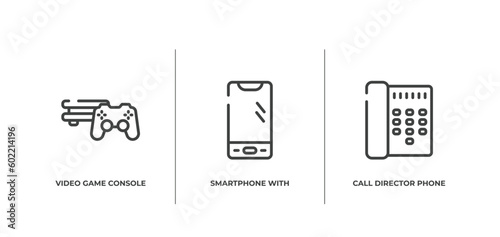 history of phones outline icons set. thin line icons sheet included video game console ps4, smartphone with three buttons, call director phone vector.