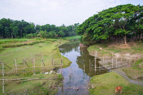 River water flows through in the cannel with greenery landscape view of under the blue sky photo