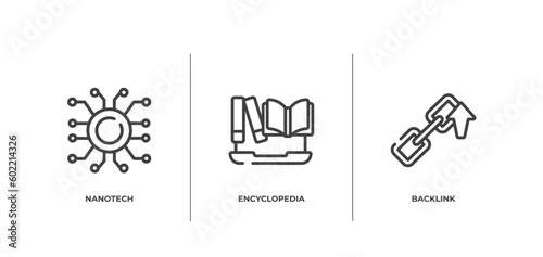 seo outline icons set. thin line icons sheet included nanotech, encyclopedia, backlink vector.