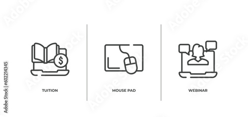 online learning outline icons set. thin line icons sheet included tuition, mouse pad, webinar vector.