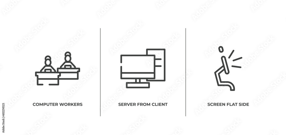 Fototapeta premium modern screen outline icons set. thin line icons sheet included computer workers group, server from client, screen flat side view vector.