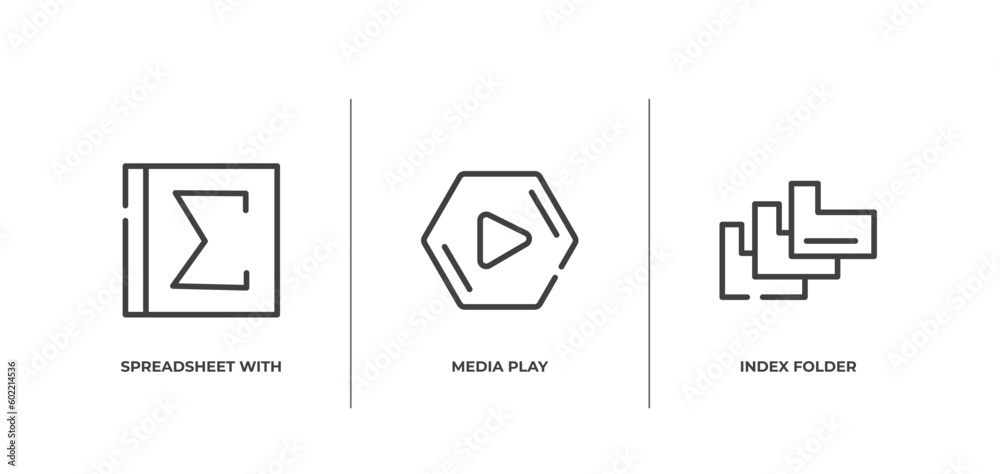 computer and media outline icons set. thin line icons sheet included spreadsheet with sum, media play, index folder vector. computer and media outline icons set. thin line icons sheet included spreadsheet with sum, media play, index folder vector.