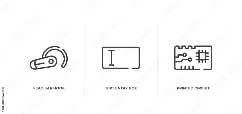material devices outline icons set. thin line icons sheet included head ear hook, text entry box, printed circuit vector.