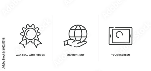 modern screen outline icons set. thin line icons sheet included wax seal with ribbon, environment, touch screen vector.