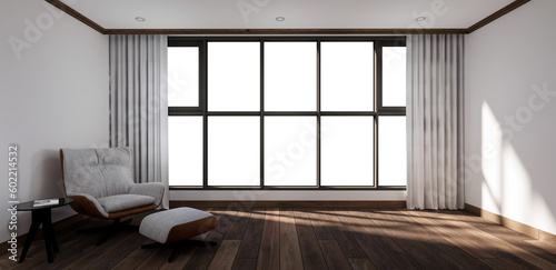window, room has a armchair and a wooden side table. And the balcony that looks out the window can take pictures of the newly decorated scenery. Create a bright and inviting atmosphere in the room.