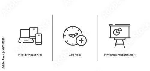 computer and media outline icons set. thin line icons sheet included phone tablet and laptop, add time, statistics presentation vector.