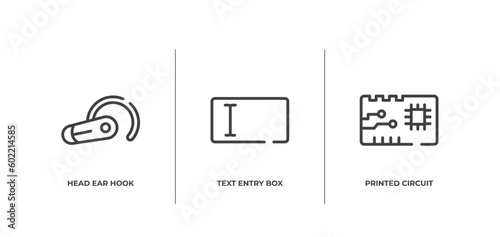 material devices outline icons set. thin line icons sheet included head ear hook, text entry box, printed circuit vector.