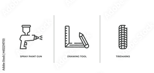 work tools outline icons set. thin line icons sheet included spray paint gun, drawing tool, tiremarks vector. photo