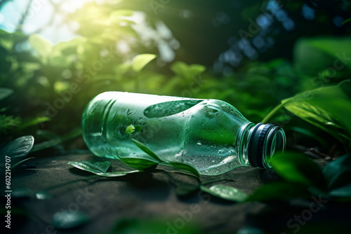 A waste plastic bottle on the forest floo, generative ai