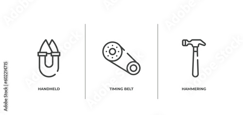 carpentry outline icons set. thin line icons sheet included handheld, timing belt, hammering vector.