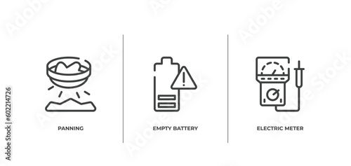 electrician tools outline icons set. thin line icons sheet included panning, empty battery, electric meter vector.