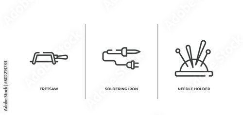 handcraft outline icons set. thin line icons sheet included fretsaw, soldering iron, needle holder vector.