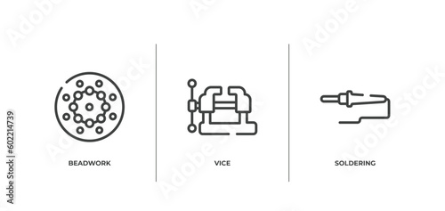 construction and tools outline icons set. thin line icons sheet included beadwork, vice, soldering vector.