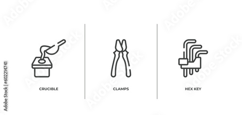 construction tool outline icons set. thin line icons sheet included crucible, clamps, hex key vector.