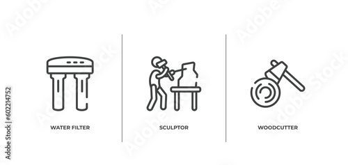 mining and crafting outline icons set. thin line icons sheet included water filter, sculptor, woodcutter vector.