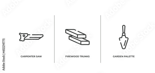 toolbox outline icons set. thin line icons sheet included carpenter saw, firewood trunks stacked, garden palette vector.