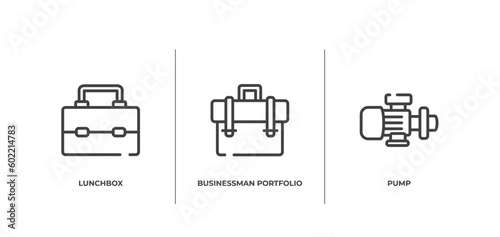 plumber outline icons set. thin line icons sheet included lunchbox, businessman portfolio, pump vector.
