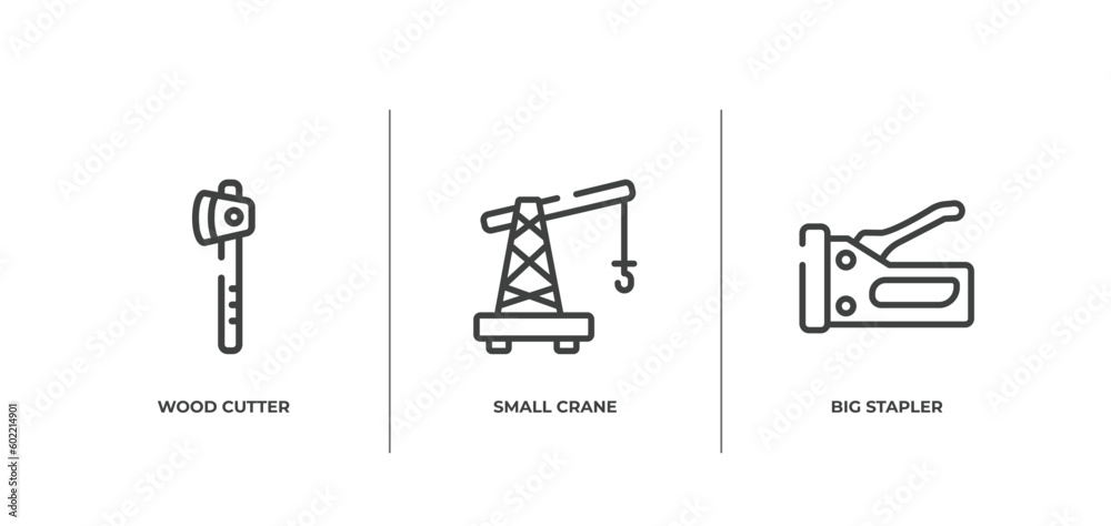 tools and hinery outline icons set. thin line icons sheet included wood cutter, small crane, big stapler vector. tools and hinery outline icons set. thin line icons sheet included wood cutter, small crane, big stapler vector.