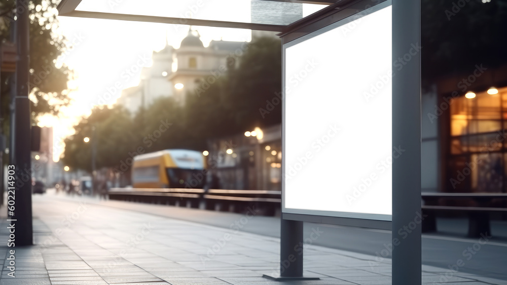 Blank white billboard at bus stop for mockup. Empty frame for advertising poster mockup. Generative AI