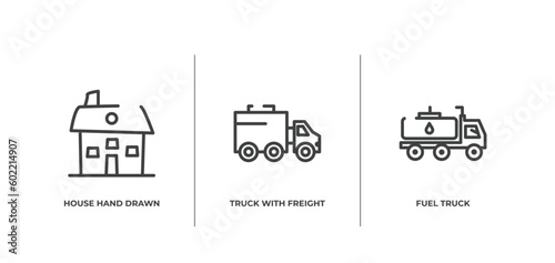 constructicons outline icons set. thin line icons sheet included house hand drawn building, truck with freight, fuel truck vector.