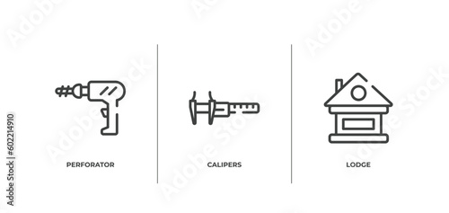 construction outline icons set. thin line icons sheet included perforator, calipers, lodge vector.