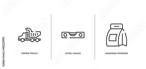 housekeeping outline icons set. thin line icons sheet included tipper truck, level gauge, washing powder vector.