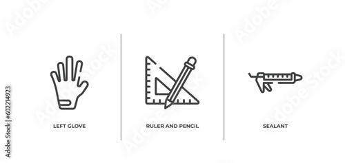 building outline icons set. thin line icons sheet included left glove, ruler and pencil, sealant vector.