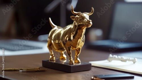 Small golden bull statue on work desk. Symbol of bull market. Generative AI
