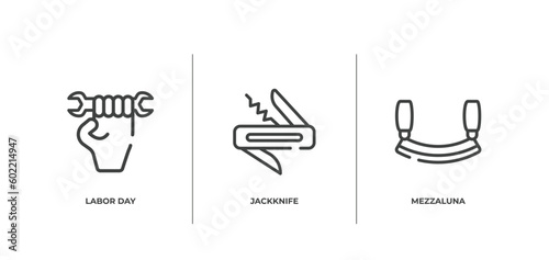 cutting tool outline icons set. thin line icons sheet included labor day, jackknife, mezzaluna vector.