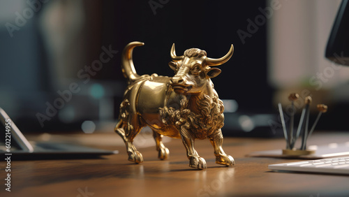 Small golden bull statue on work desk. Symbol of bull market. Generative AI 