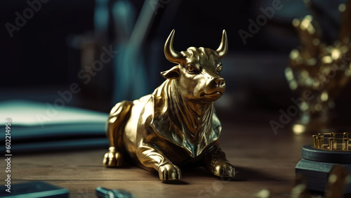 Small golden bull statue on work desk. Symbol of bull market. Generative AI 