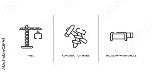 tools and hinery outline icons set. thin line icons sheet included null, construction tools, hacksaw with handle vector.