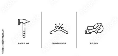 tools and hinery outline icons set. thin line icons sheet included battle axe, broken cable, big saw vector.