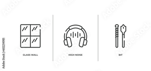 construction tools outline icons set. thin line icons sheet included glass wall, high noise, bit vector.
