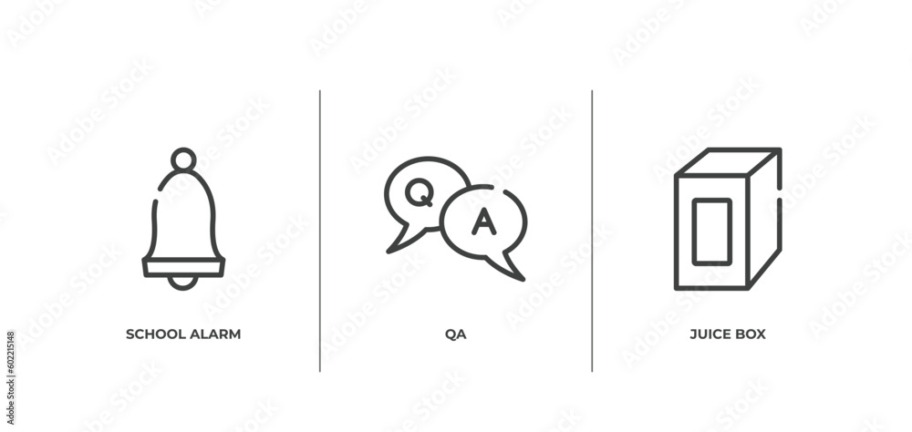 kindergarten outline icons set. thin line icons sheet included school alarm, qa, juice box vector. kindergarten outline icons set. thin line icons sheet included school alarm, qa, juice box vector.