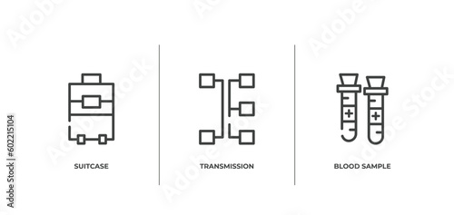 outline icons set. thin line icons sheet included suitcase, transmission, blood sample vector.