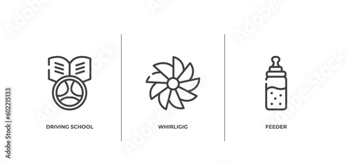 kindergarten outline icons set. thin line icons sheet included driving school, whirligig, feeder vector.