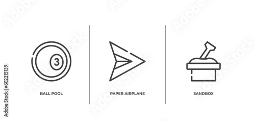 kindergarten outline icons set. thin line icons sheet included ball pool, paper airplane, sandbox vector.