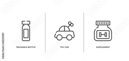 sports outline icons set. thin line icons sheet included reusable bottle, toy car, supplement vector.