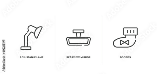 kindergarten outline icons set. thin line icons sheet included adjustable lamp, rearview mirror, booties vector.