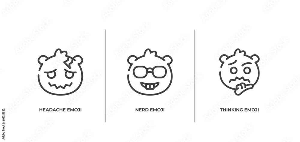 emoji outline icons set. thin line icons sheet included headache emoji, nerd emoji, thinking vector.