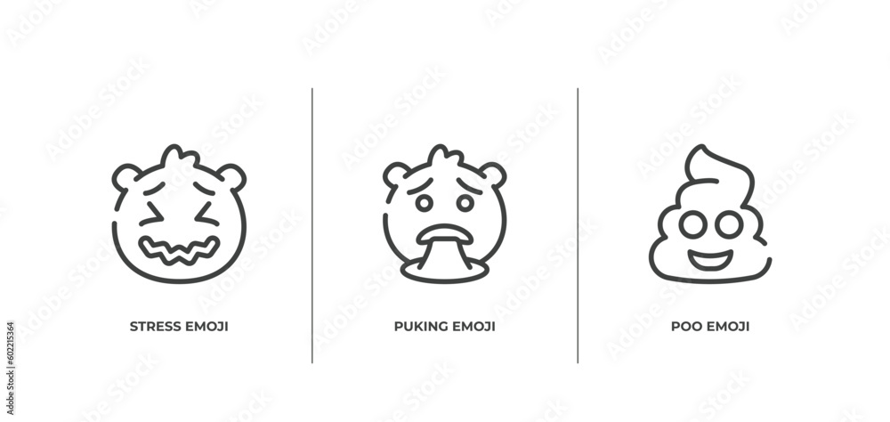 emoji outline icons set. thin line icons sheet included stress emoji, puking emoji, poo vector.