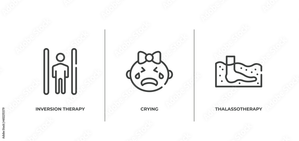 therapy outline icons set. thin line icons sheet included inversion therapy, crying, thalassotherapy vector. - obrazy, fototapety, plakaty 